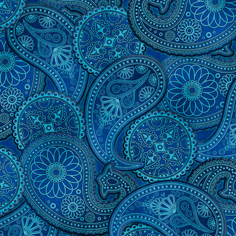 Quilting Treasures 2X Brush Poly Knit Blue Paisley  Fabric