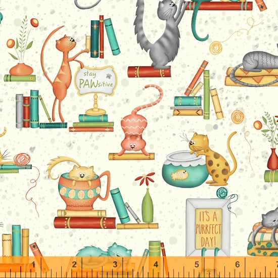 Windham Purrfect Day Cats Playing on Cream Cotton Fabric by The Yard Fabrics Sewing