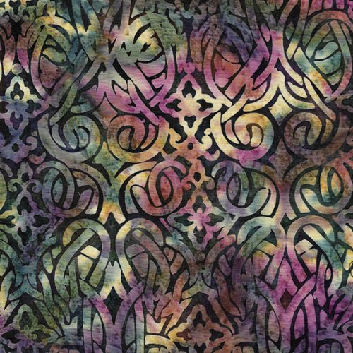 Island Batik Magenta Dusk Ornate Scroll Purple Green Concord Batik Fabric