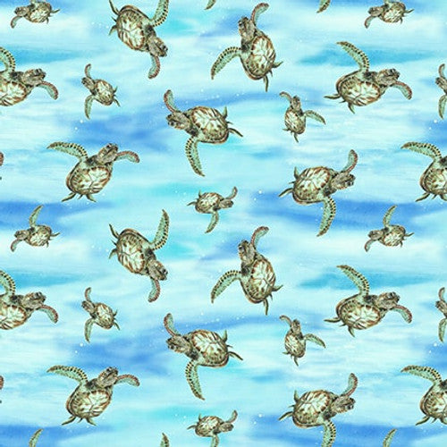 Henry Glass Turtle Marching Small Turtles Sky Blue Fabric