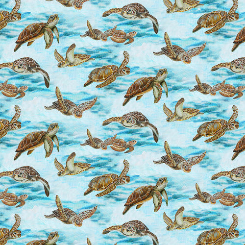 Henry Glass Turtle Marching Large Turtles Sky Blue Fabric