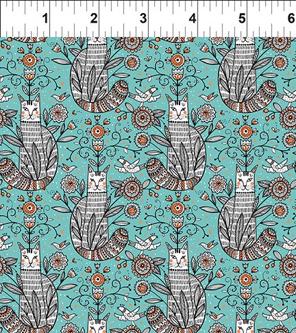 In The Beginning Fabrics Whimsy Cats Turquoise Fabric