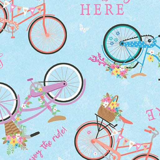 Kanvas Studio Enjoy The Ride Springtime Bicycles Light Blue Fabric