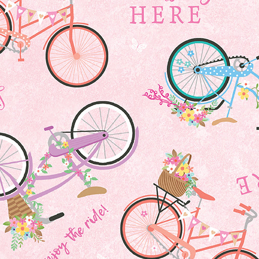 Kanvas Studio Enjoy The Ride Springtime Bicycles Pink Fabric