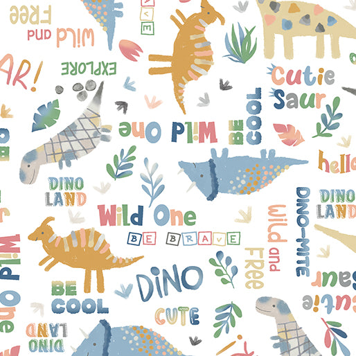 Benartex Baby Dino Words White Flannel Fabric