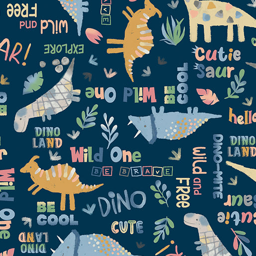 Benartex Baby Dino Words Navy Flannel Fabric