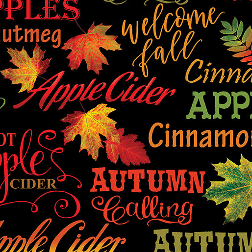 Benartex Cider House Autumnal Words Black Fabric