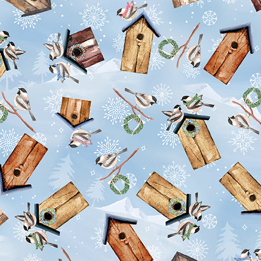 Benartex Woodland Wonderland Woodland Birdhouses Light Blue Fabric