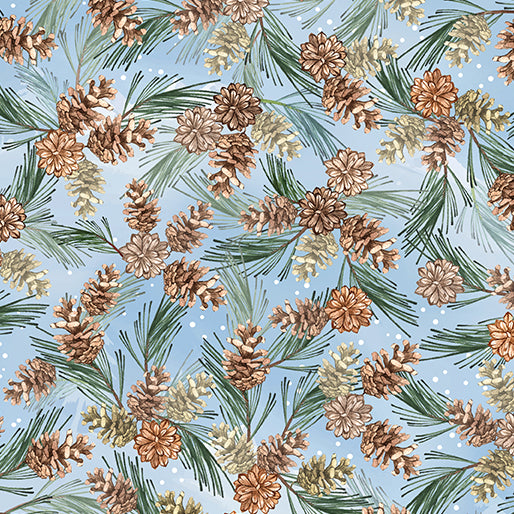 Benartex Woodland Wonderland Pinecones Light Blue Fabric