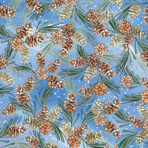 Benartex Woodland Wonderland Pinecones Medium Blue Fabric