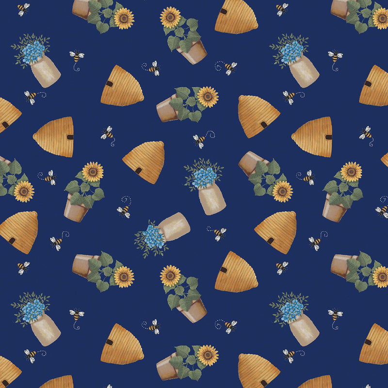 Benartex Wildflower Honey Bees And Skeps Navy Fabric