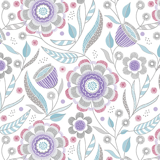 Benartex Stitch Garden Purple Grey Floral Fabric