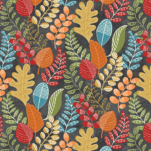 Benartex Hello Pumpkin Dark Gray Dancing Leaves Fabric