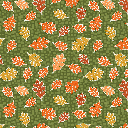 Benartex Hello Pumpkin Green Mosaic Leaves Fabric