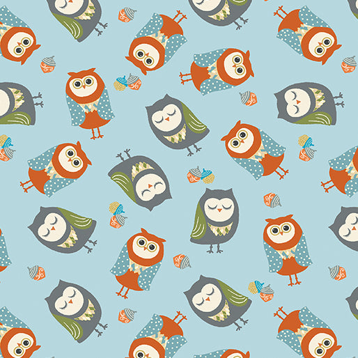 Benartex Hello Pumpkin Light Blue Owl Family Fabric