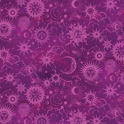 Benartex Celestial Skies Sun And Moon Tonal Fuchsia Fabric