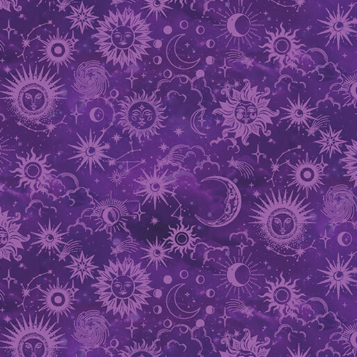 Benartex Celestial Skies Sun And Moon Tonal Violet Fabric