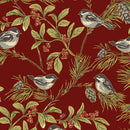 Benartex Christmas At Home Chickadees Dark Red Fabric