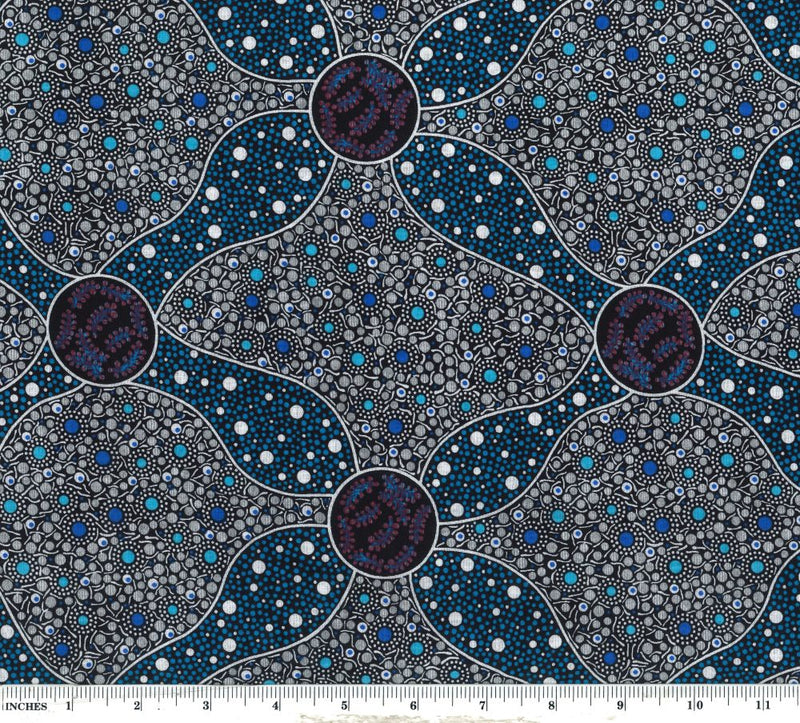 M&S Textiles Red Flower With Honey Blue Fabric