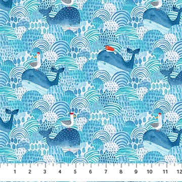 Northcott Out to Sea Whales Light Blue Fabric