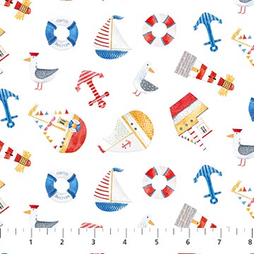 Northcott Out to Sea Tossed Nautical White Multi Fabric