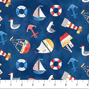 Northcott Out to Sea Tossed Nautical Blue Multi Fabric