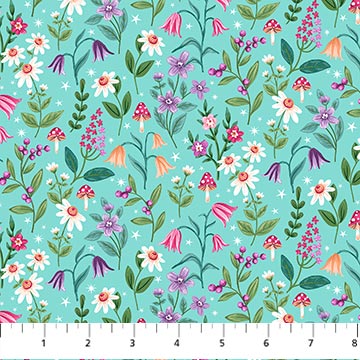 Northcott Unicorn Dreams Packed Flowers Turquoise Fabric