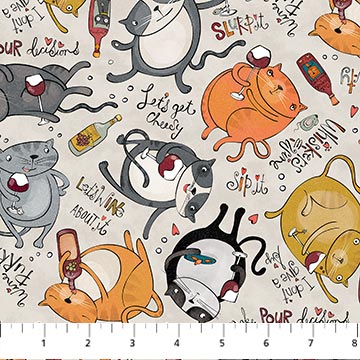 Northcott Whiskers And Wine Taupe Cats Fabric