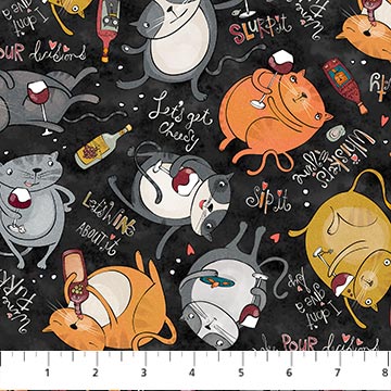 Northcott Whiskers And Wine Black Cats Fabric