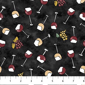 Northcott Whiskers And Wine Black Wine Glasses Fabric