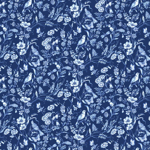 Blank Quilting Annablue Floral With Bird Toile Navy Fabric