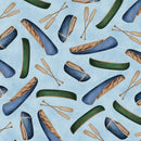 Wilmington Prints Lakefront Boat and Oar Toss Blue Fabric