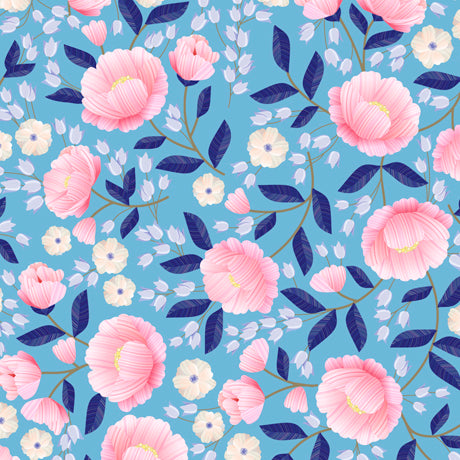 QT Fabrics Morgan Packed Floral on Blue Fabric ONLINE PURCHASE ONLY