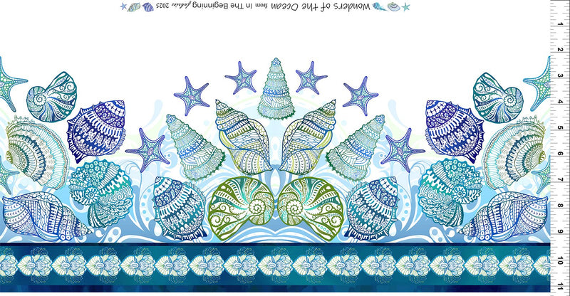 In The Beginning Wonders Of The Ocean Border Print Blue Fabric