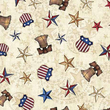 QT Fabrics American Spirit Liberty Bell And Stars Tan Fabric