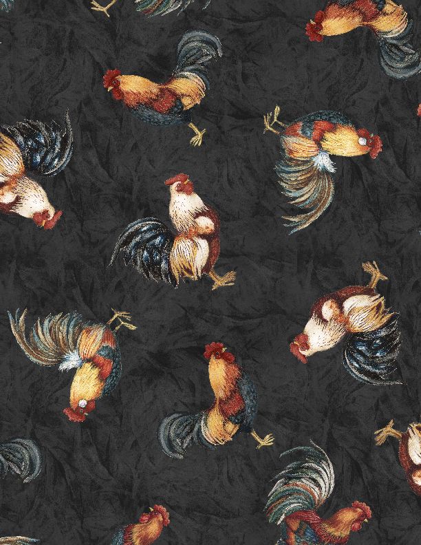 Wilmington Prints Garden Gate Roosters Tossed Chicken Black Fabric