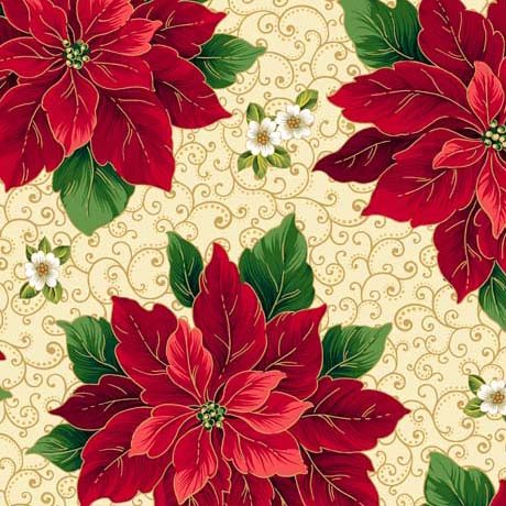 QT Fabrics Poinsettia Symphony Poinsettia And Scroll Ecru Fabric