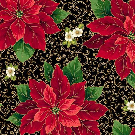 QT Fabrics Poinsettia Symphony Poinsettia And Scroll Black Fabric