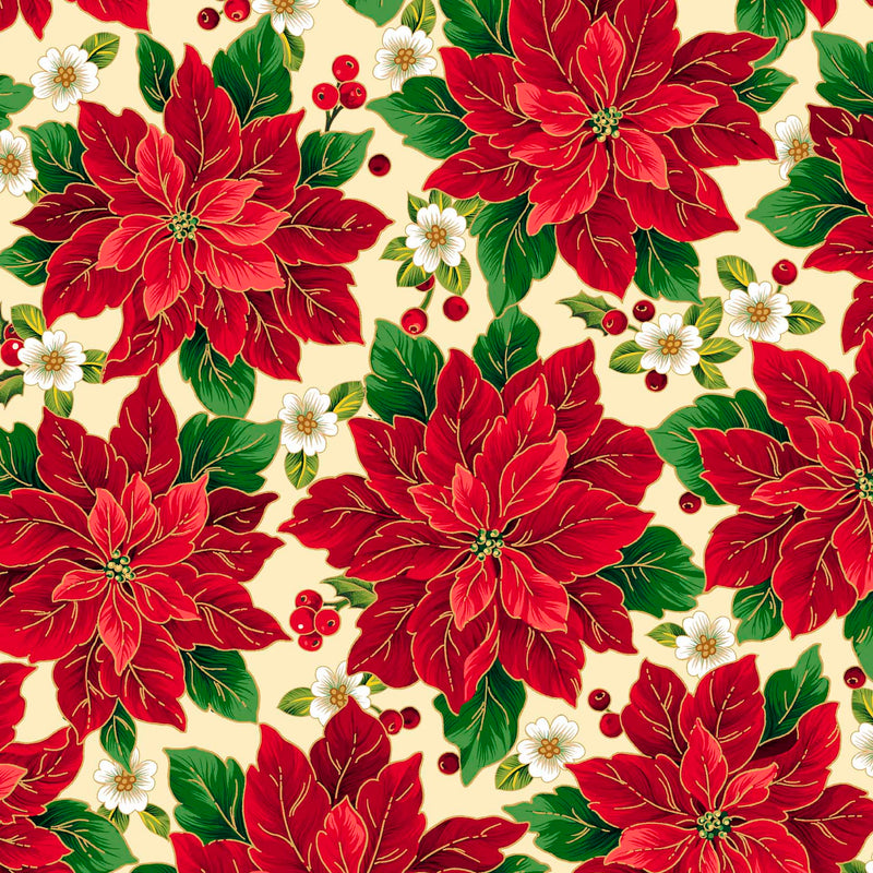 QT Fabrics Poinsettia Symphony Packed Poinsettia Ecru Fabric