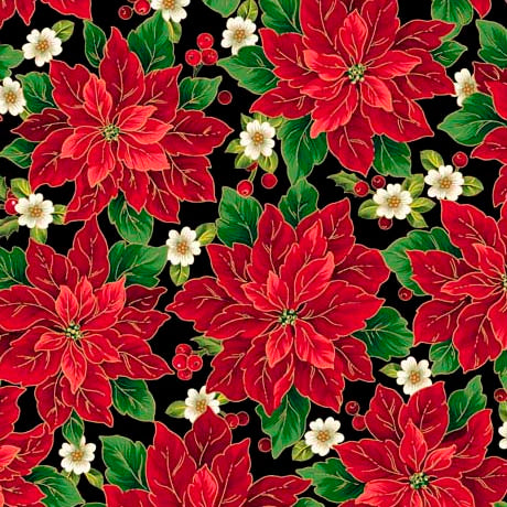 QT Fabrics Poinsettia Symphony Packed Poinsettia Black Fabric