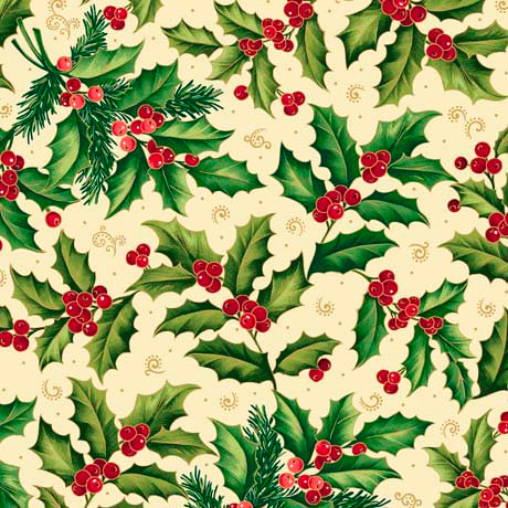 QT Fabrics Poinsettia Symphony Holly And Berries Ecru Fabric