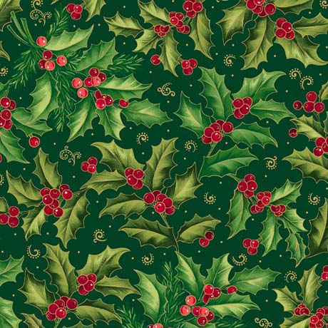 QT Fabrics Poinsettia Symphony Holly And Berries Forest Fabric