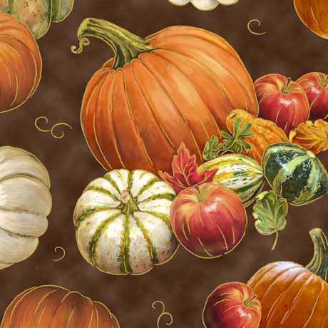 QT Fabrics Autumn Forest Pumpkins And Gourds Brown Fabric