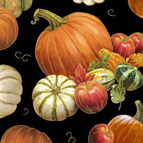 QT Fabrics Autumn Forest Pumpkins And Gourds Black Fabric