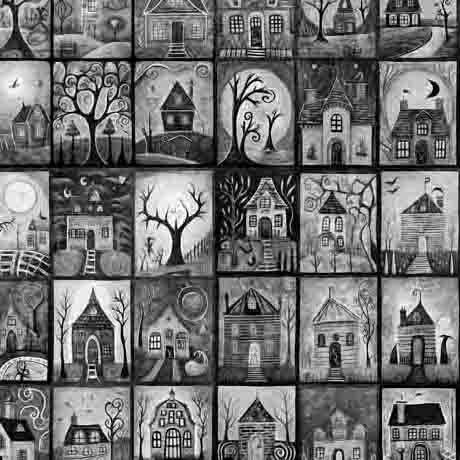 Quilting Treasures Creepin' It Real Gray Mini Haunted House Blocks Fabric