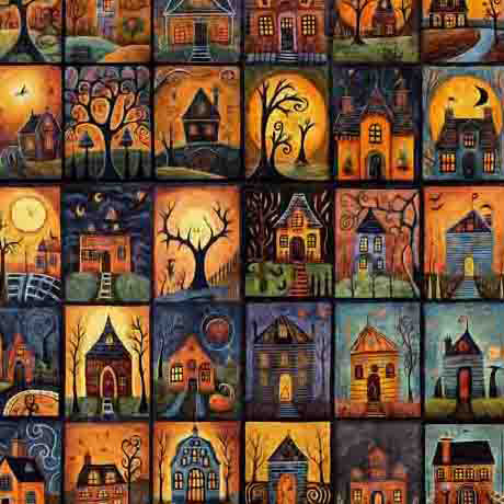 Quilting Treasures Creepin' It Real Multi Mini Haunted House Blocks Fabric