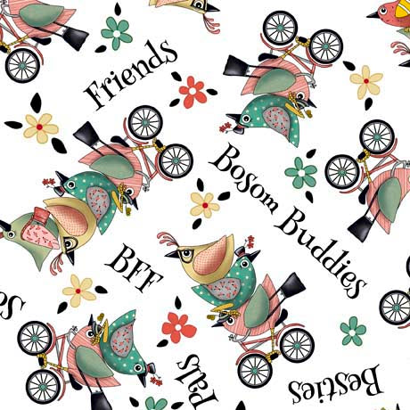 QT Fabrics Life Is Better With Friends Bird Toss White Fabric