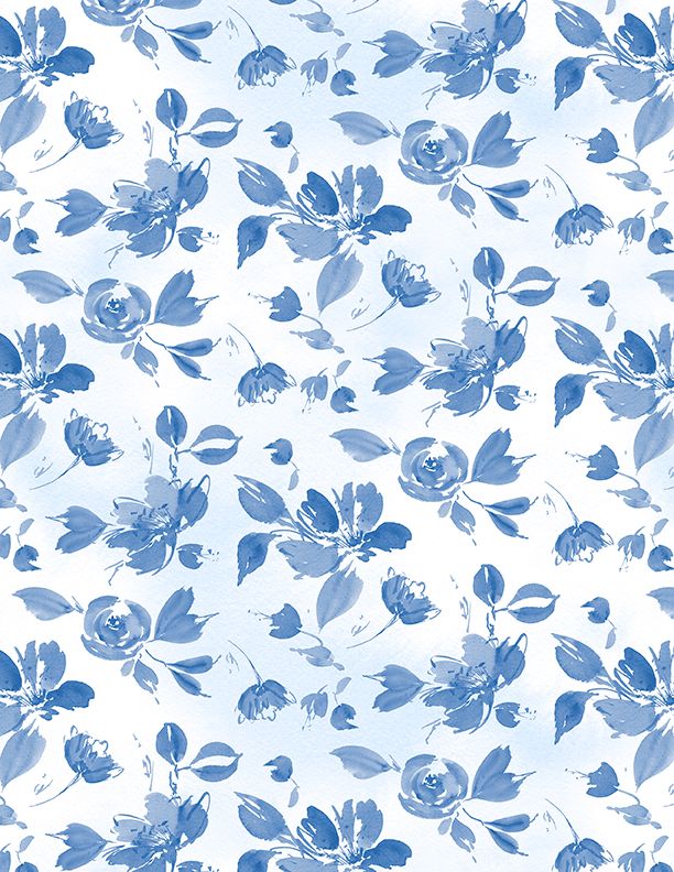 Wilmington Prints Dreaming In Blue Tossed Flowers White Fabric