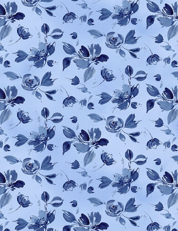 Wilmington Prints Dreaming In Blue Tossed Flowers Medium Blue Fabric