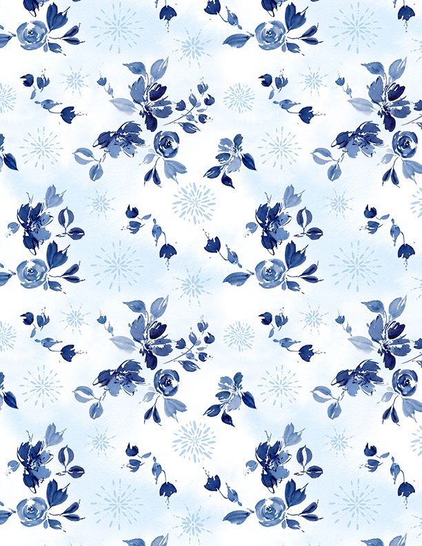 Wilmington Prints Dreaming In Blue Bouquet Toss White Fabric